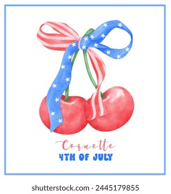 Coquette 4th of July Cherry with stars and stripes ribbon Bow Watercolor.