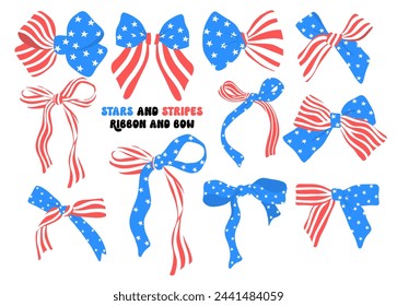 Coquette 4th of July ribbon bow stars and stripes flat design set