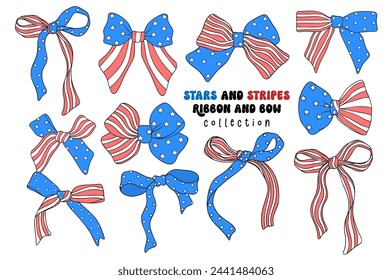 Coquette 4th of July ribbon bow stars and stripes doodle set