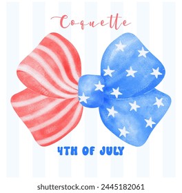 Coquette 4th of July, Stars and Stripes Ribbon Bow Watercolor Art