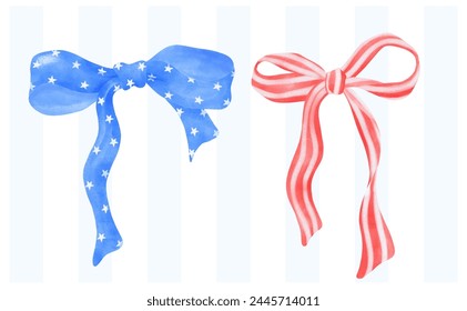 Coquette 4th of July stars and stripes ribbon Bows Watercolor vector illustration.