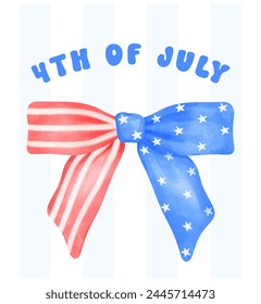 Coquette 4th of July stars and stripes ribbon Bows Watercolor vector illustration.