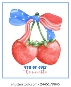 Coquette 4th of July Strawberries with stars and stripes ribbon Bow Watercolor.