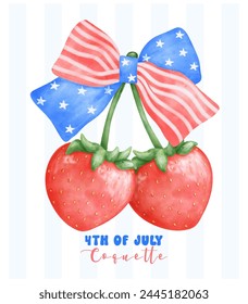 Coquette 4th of July Strawberries with stars and stripes ribbon Bow Watercolor.