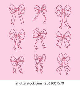 Coquette aesthetic bows set, crafts pink ribbon, linear gift bow clipart. Fashion decoration valentine gift elements. Vector hand drawn illustration.