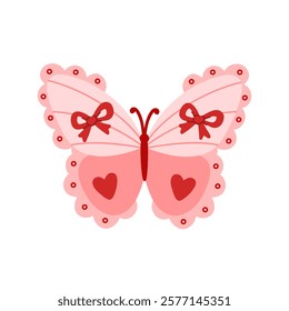 Coquette aesthetic butterfly decorated bows, hearts, lace. Whimsical cute moth. Spring and summer insect. Top view. Pastel colors. Colorful flat vector illustration isolated on white background