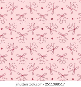 Coquette Aesthetic Cherries with Ribbons on Pink Seamless Pattern Design