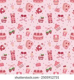 Coquette Aesthetic Desserts and Drinks on Pastel Pink Seamless Pattern Design