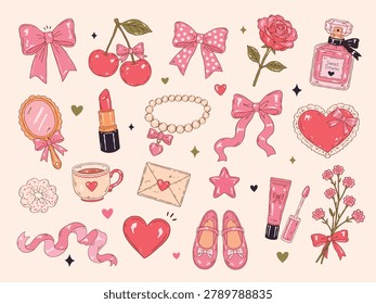 Coquette aesthetic doodle vector set featuring bows, hearts, cherries, roses, perfume, mirror, lipstick, pearls, flowers and feminine romantic elements