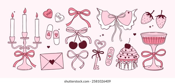 Coquette aesthetic Girly stickers and cliparts in hand drawn Retro style. Pink doodle vector set. Vintage candles, bows, cowgirl boots, Victorian collar, glass of champagne, key, pills, cupcake