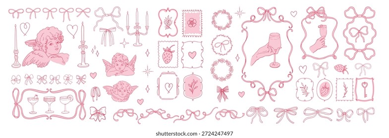 Coquette ästhetisch handgezeichnete Vektorelemente Set mit Bögen, Herzen und Vintage-Rahmen. Zum Valentinstag romantische Designs, Postkarten, Grußkarten, Hochzeitseinladungen und Bannermode.