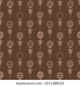 Coquette Aesthetic Party Balloons Lineart on Brown Seamless Pattern Design
