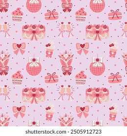 Coquette Aesthetic Party Desserts and Drinks on Pastel Purple Seamless Pattern Design