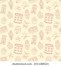 Coquette Aesthetic Party Desserts Lineart on Yellow Seamless Pattern Design