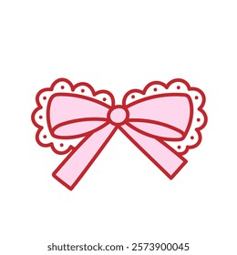 Coquette aesthetic pink bow of ribbon with lace. Beautiful holiday decoration element, celebration gift decor. Cute y2k bowknot. Vector isolated clipart, girly doodle