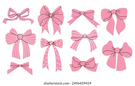 Coquette aesthetic pink ribbon bow collection. Isolated trend drawing elements. Vector illustration 