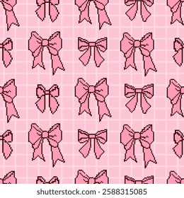 Coquette Aesthetic Pixel Art Ribbon Bow Seamless Pattern on Pink Checkered background. Trendy Patterned Pixelated Backdrop Y2k. Mood of 90's aesthetics. 8-bit retro. Vector illustration
