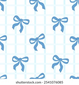 Coquette aesthetic seamless pattern blue ribbon bow on checkered white background. Vector illustration. Trendy girls accessories