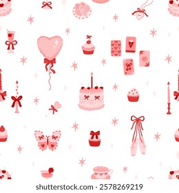 Coquette aesthetic seamless pattern. Festive background of decorative elements balloon, cakes, cup, ballet shoes, lollipop, cookies, cocktails, taro cards, butterfly, pendant, candles. Flat vector