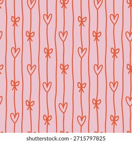Coquette aesthetic seamless pattern with hand-drawn pink bows and hearts on vertical stripes. Trendy hyper-feminine vector background for Valentine's Day, feminine stationery, textile design, and nursery decor