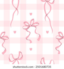 Coquette aesthetic seamless pattern pink ribbon bow on checkered background. Vector illustration. Trendy girls accessories