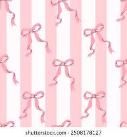 Coquette aesthetic seamless pattern pink ribbon bow on striped white pink background. Trendy patterned drawing backdrop. Vector illustration