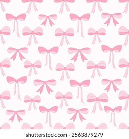 Coquette aesthetic seamless pattern with pink ribbon bows. Vector illustration.