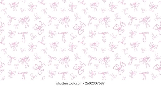 Coquette aesthetic seamless pattern with pink ribbon bow isolated on white background. Fashion illustration in pastel colors for children and adults.Hand drawn illustration for clothing.