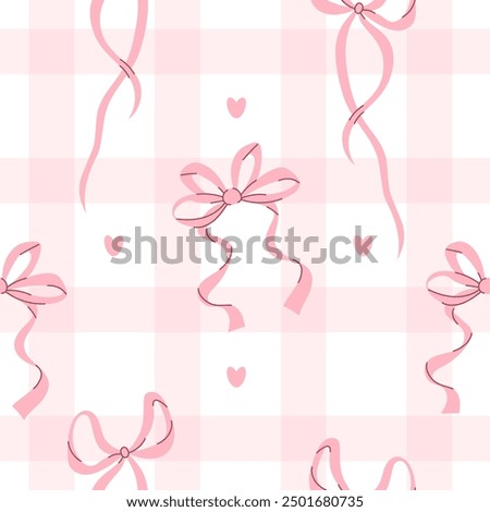 Coquette aesthetic seamless pattern pink ribbon bow on checkered background. Vector illustration. Trendy girls accessories