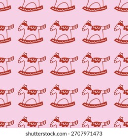 Coquette aesthetic seamless pattern. Vector elegant background with Christmas rocking horses. Outline retro pattern on pink background.