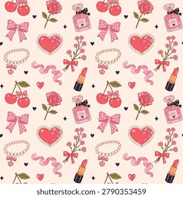 Coquette aesthetic seamless vector pattern featuring lipstick, perfume, cherries, pearls, flowers, hearts, roses, ribbons and bows romantic feminine elements