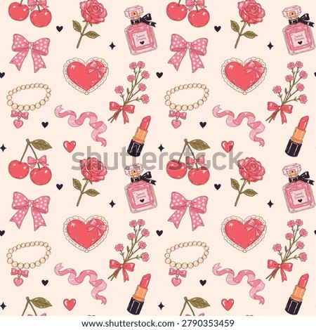 Coquette aesthetic seamless vector pattern featuring lipstick, perfume, cherries, pearls, flowers, hearts, roses, ribbons and bows romantic feminine elements