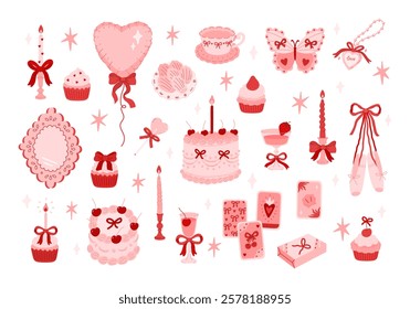 Coquette aesthetic set clipart. Decorative elements balloon, cakes, cup, ballet shoes, lollipop, cookies, cocktails, taro cards, butterfly, pendant, candles. Elegant vintage decor. Festive collection