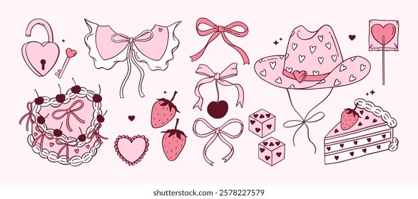 Coquette aesthetic stickers, icons, pictures, background, wallpaper in hand drawn vintage style. Pink rococo doodle vector set. Heart cake, bows, cowboy hat, Victorian collar, lock, key, dice, cherry