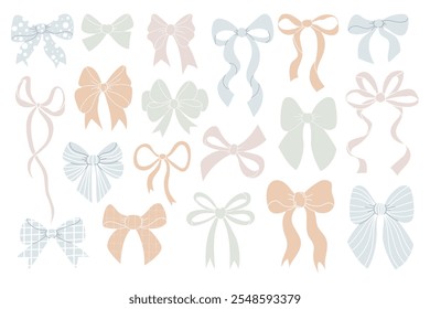 Coquette aesthetic tender pastel bow ribbon collection. Isolated Trendy textured hand drawn elements girly accessories on white background. Vector illustration