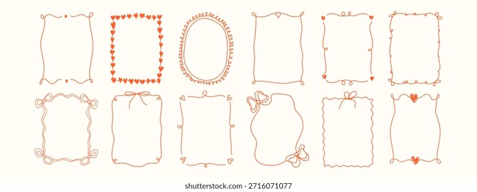 Conjunto de marcos de San Valentín estéticos Coquette. Dibujado a mano fronteras románticas con corazones rojos, lazos y líneas de garabatos caprichosos. Lindo arte de línea de Vector para invitaciones de boda y redes sociales.