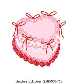 Coquette aesthetics retro cake. Vintage heart shaped cake with ribbon bows. Vector illustration for celebration Valentine Day, wedding, party, birthday, anniversary etc.