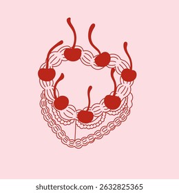 Coquette aesthetics retro cake. Vintage heart shaped cake with cherries in outline style. Holiday, birthday, Valentine’s day vector illustration for posters, cards, printing on t-shirt etc.