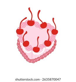 Coquette aesthetics retro cake. Vintage heart shaped cake with cherries on white background. Holiday, birthday, Valentine’s day vector illustration for posters, cards, printing on t-shirt etc.