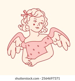 Coquette angel girl with romantic wings and heart detail, drawn in pastel tones, symbolizing innocence. Hand drawn doodle illustration. Cream and pink tone print, logo. Symbol of love and serenity