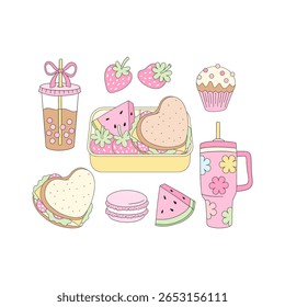 Coquette Back to School Vetor Illustration Set of Preppy School Lunchbox with Girly Aesthetic Snacks and Drinks (Coquette de volta à escola ilustração vetorial de lancheira de escola preppy com lanches e bebidas estéticas para meninas). Perfeito para adesivos de planejador, scrapbooking digital, embalagem, gráficos educacionais