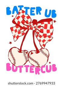 Coquette Baseball Heart Cherries with Red Checkered Bow Whimsical Sketchy Hand Drawn Shirt Design and Wall Art Printable