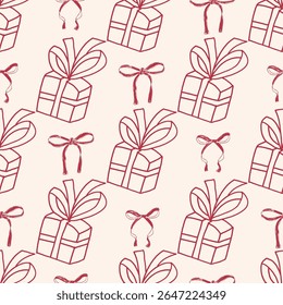 Coquette b-day party crayon seamless pattern. Gift boxes with ribbon endless background. Girly festive bows and gift cover. Surface pattern birthday motif. Vector hand drawn illustration.