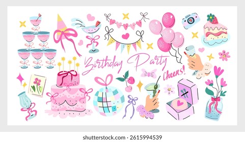 Coquette Birthday Party Set a cute hand drawn vector collection with cake, gifts, balloons, ribbons, and party elements in pastel tones, perfect for festive designs and invitations.