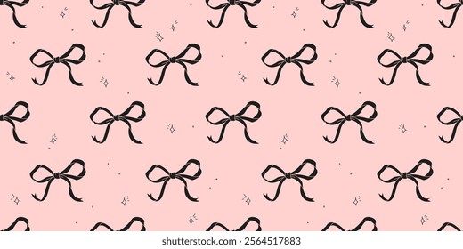 Coquette Black Bows Seamless pattern. Trendy Romantic Vector Endless background with  Ribbons in retro style