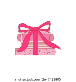 Coquette book with ribbon bow. Pink vintage stack of books. Aesthetic girly reading and writing concept. Vector bookish illustration for card, poster, sticker, invitation, printing on t-shirt