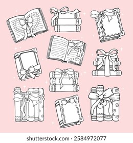 Coquette Books with Ribbon Bow Outline Hand Drawn Black and White Coloring Images set