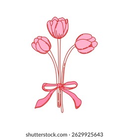 Coquette bouquet of tulip flowers with bow. Pink flower in linear style isolated on white background. Holiday, birthday, Valentine’s day vector illustration for posters, cards, printing on t-shirt.