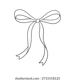 Arco de coqueta negro, dibujo de línea delgada. Ilustración simple de cinta atada vintage. Boda, boceto de regalo de cumpleaños en estilo retro. Lindos accesorios de peinado femenino, Ilustración vectorial. Encaje Doodle.