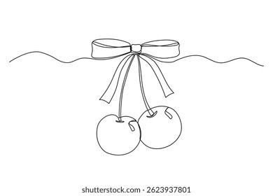 Coquette bow with cherry berry one line illustration, vector black line drawing on white, cute doodle ribbon